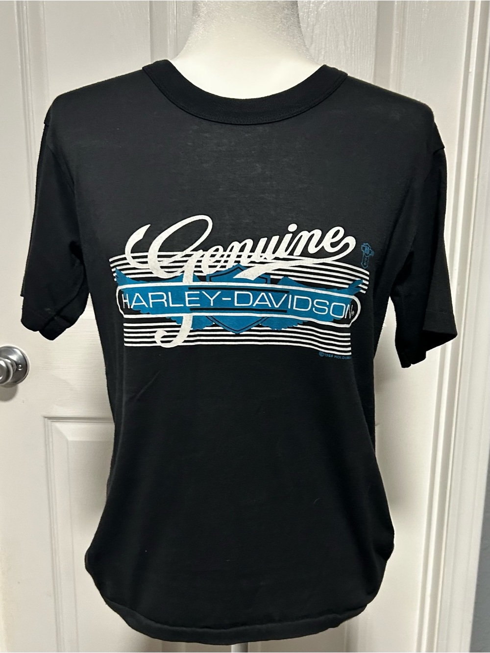 Harley-Davidson Black Tee with White and Blue 'Genuine' Graphic